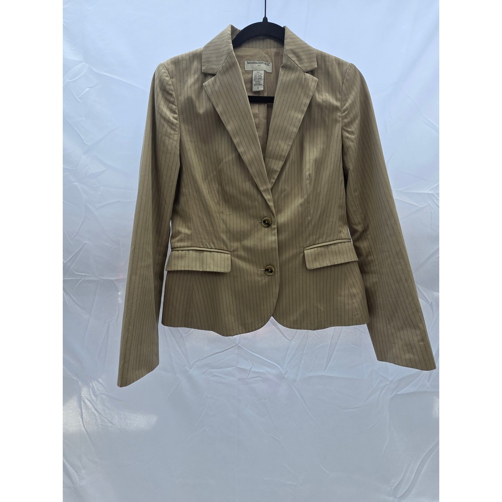 Banana Republic Womens Tan Pinstripe Cotton Two Button Blazer Jacket Size 4